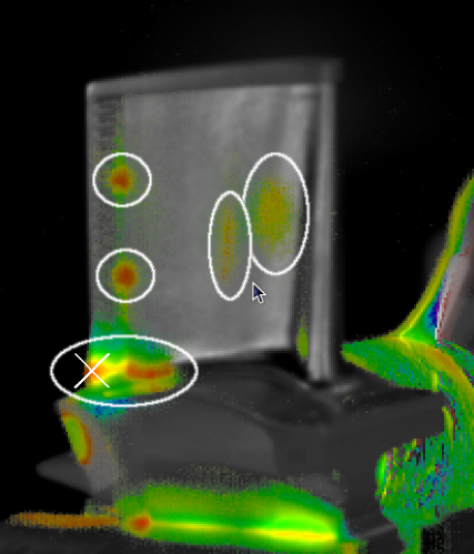 Vibrothermography image of a turbine blade, analyzed with ISU-developed image sequence processing.